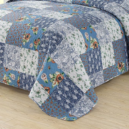 BEDIFANY Boho King Size Quilt Bedding Set - Lightweight Reversible Bedspreads King Size (98 x 106 inch) Coverlet Set with Flower Pattern - Plaid King Quilt Sets for Decorations, 3 Pieces