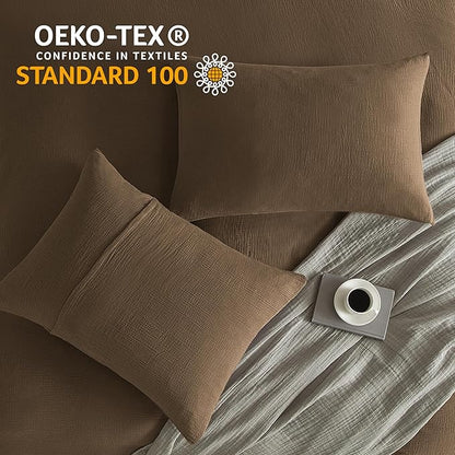 SE SOFTEXLY Muslin Duvet Cover California King Size, 100% Washed Cotton Duvet Cover Set, Soft Comforter Cover Linen Like, 3 Pieces Minimalist Gauze Duvet Cover with 2 Pillowcases, 98"x104", Dark Brown