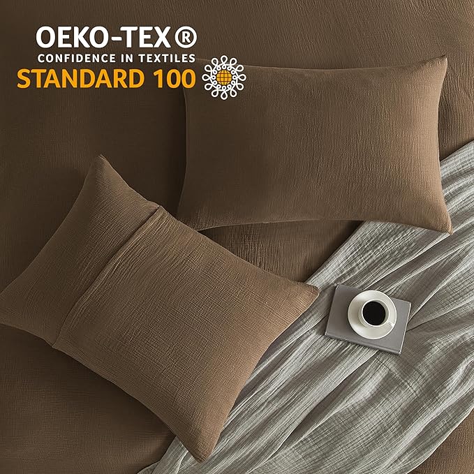 SE SOFTEXLY Muslin Duvet Cover Queen Size, 100% Washed Cotton Duvet Cover Set, Ultra Soft Comforter Cover Linen Like, 3 Pieces Minimalist Gauze Duvet Cover with 2 Pillowcases, 90"x90", Dark Brown