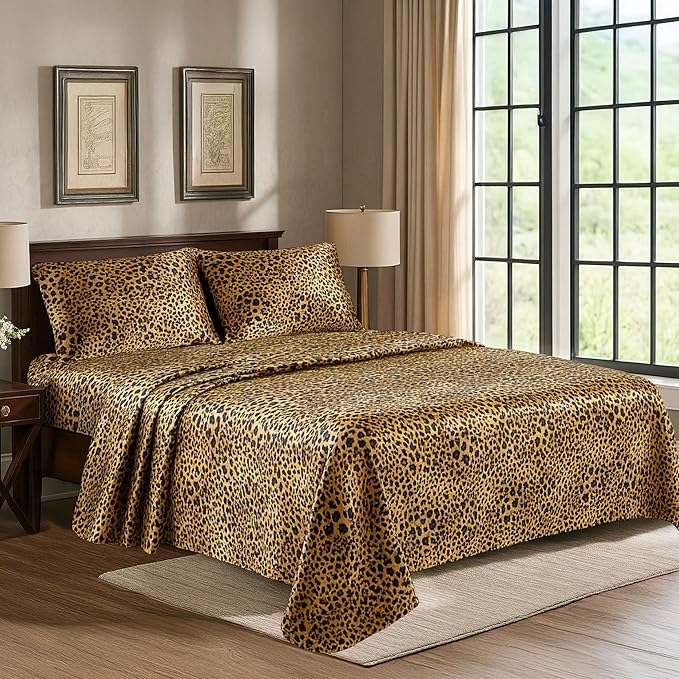 Satin Sheets Twin [3-Piece, Gold Leopard] Hotel Luxury Silky Bed Sheets - Extra Soft 1800 Microfiber Sheet Set, Wrinkle, Fade, Stain Resistant - Deep Pocket Fitted Sheet, Flat Sheet, Pillow Cases
