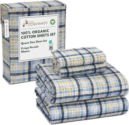 RUVANTI 100% Organic Cotton Sheets Queen Size, Percale Weave, GOTS Certified, 4-Piece Set, Deep Pocket 15", Crisp & Breathable, Soft Durable Bedding, Sábanas Algodón Orgánico – Pastel Print