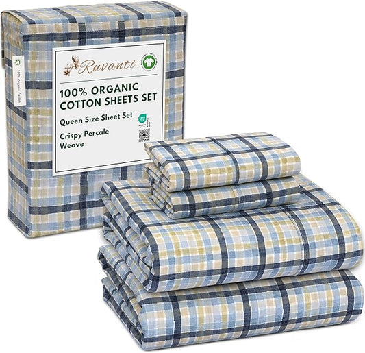 RUVANTI 100% Organic Cotton Sheets Queen Size, Percale Weave, GOTS Certified, 4-Piece Set, Deep Pocket 15", Crisp & Breathable, Soft Durable Bedding, Sábanas Algodón Orgánico – Pastel Print