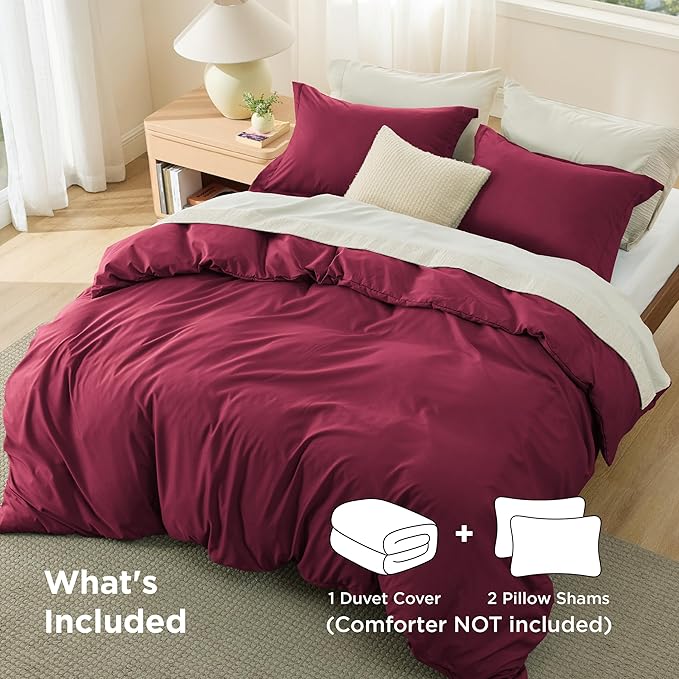 Bedsure Duvet Cover Queen Size - Soft Double Brushed Bedding Set for Kids & Adults, Zipper Closure, 3 Pieces, Includes 1 Duvet Cover (90"x90") & 2 Pillow Shams, NO Comforter, Burgundy Red
