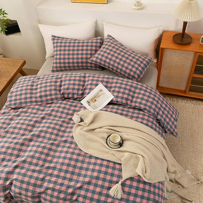 ECOCOTT Duvet Cover California King Size, 100% Washed Cotton Linen-Like Soft & Breathable, Durable Comfy Bedding Set for All Seasons, Purple Pink Plaid