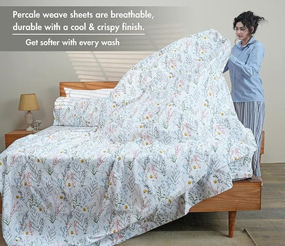 RUVANTI 100% Cotton Sheets – California King Percale Bedding, Cooling & Breathable Floral Design, Durable with a Crisp, Soft & Comfortable Feel, 14" Deep Pocket, 4-Piece Set, Aroma