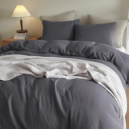 SE SOFTEXLY Muslin Duvet Cover Queen Size, 100% Washed Cotton Duvet Cover Set, Ultra Soft Comforter Cover Linen Like, 3 Pieces Minimalist Gauze Duvet Cover with 2 Pillowcases, 90"x90", Dark Grey