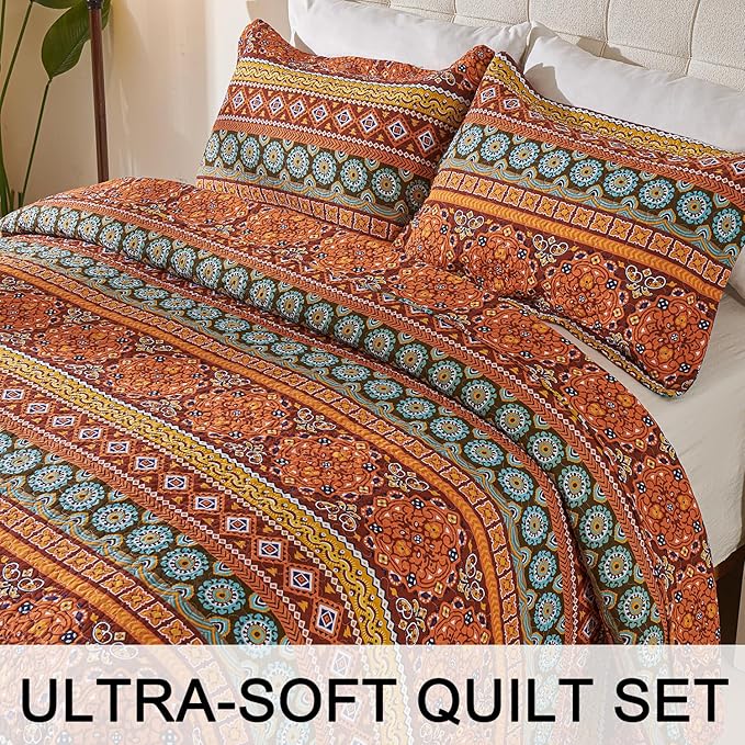 Cmfshape Orange Quilt Sets Bedspread Set 100% Cotton Boho Bedding Set, All Season Use Lightweight Reversible Coverlet Quilts with 1 Pillow Shams(Twin 68"x86")