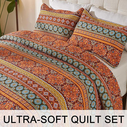 Cmfshape Orange Quilt Sets Bedspread Set 100% Cotton Boho Bedding Set, All Season Use Lightweight Reversible Coverlet Quilts with 1 Pillow Shams(Twin 68"x86")