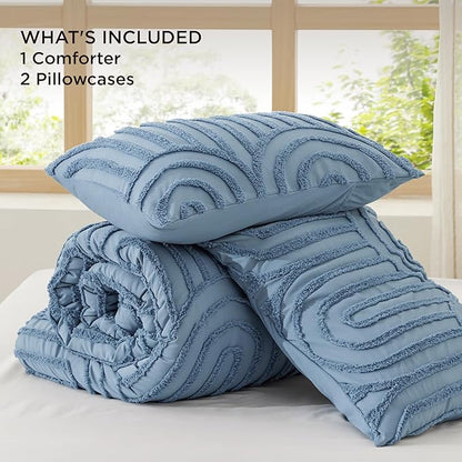 Bedsure Boho Tufted Blue Comforter Set Queen Size, GentleSoft™ 3 Pieces Boho Farmhouse Decor Bedding, Arch Shabby Chic Bedding for All Seasons, 1 Bed Comforter, 2 Pillow Shams, 90x90 Inches