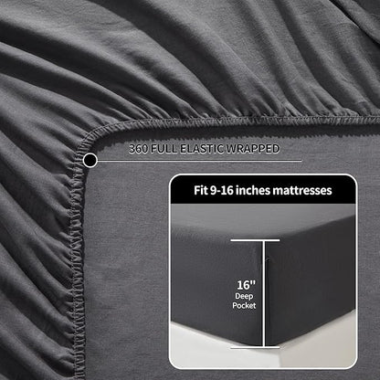 LBRO2M 100% Pure Linen Sheet Set Deep Pocket Up to 16" Bed Sheets Sets, Natural Flax Beddings Soft, Breathable, Comfortable for All Seasons Twin Size, Dark Grey