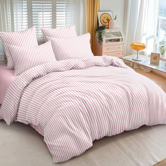 Nayoroom Pink Striped Comforter Set Queen Size White Stripe Comforter 3 Pieces Girls Soft Lightweight Pinstripe Dorm Bedding Set for All Seasons