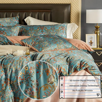 Vintage Style Duvet Cover Set,5 PCS Boho Comforter Cover Set,Paisley Floral Bedding Set,Green Floral Duvet Cover,King Duvet Cover,Soft Reversible Design(Autumn,King/California King)