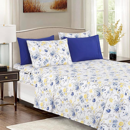Elegant Comfort Softest and Coziest 6-Piece Sheet Set - 1500 Premium Hotel Quality Microfiber - Deep Pocket, Wrinkle Resistant 6-Piece Floral Bed Sheet Set, Queen, Jenna Gold