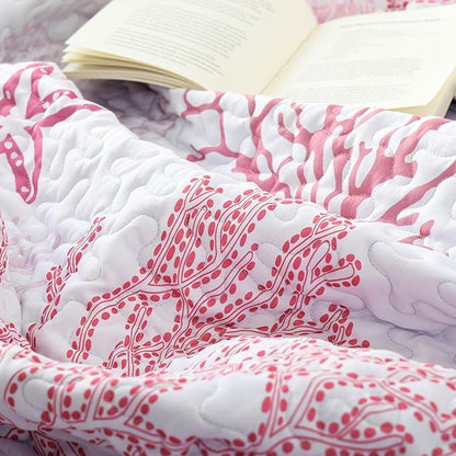 weigelia Coastal Quilts Bedding Set King Size - Pink Summer Nautical Bedding Quilt with Pillow Cases, Beach Reversible Quilt Set Ocean Coral Bedspreads Coverlet Soft Lightweight Comforter