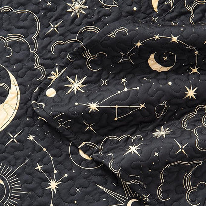 EXQ Home Quilt Set King Size Black Print 3 Piece,Lightweight Soft Coverlet Modern Style Sun Starry Pattern Bedspread Set(1 Quilt,2 Pillow Shams)