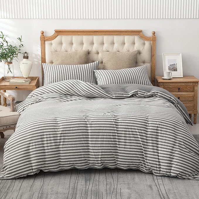 PURE ERA Jersey Knit Duvet Cover Set 100% T-Shirt Heather Cotton Super Soft Comfy Classic Striped Design, with Zipper Closure, Grey Stripe, Queen