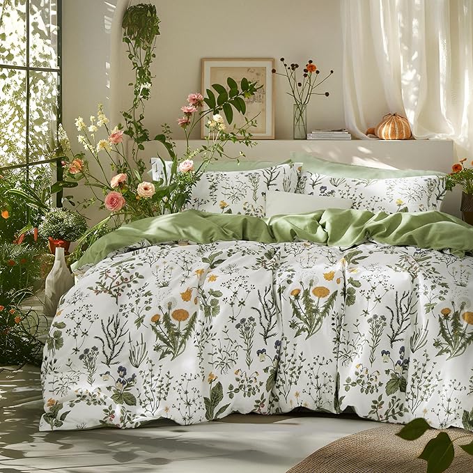 Bedsure Duvet Cover Twin Size - 100% Cotton Reversible Floral Twin Duvet Cover Set with Zipper Closure, 2 Pieces Soft & Breathable PureWoven Bedding Set with 1 Pillow Sham 20"x26"