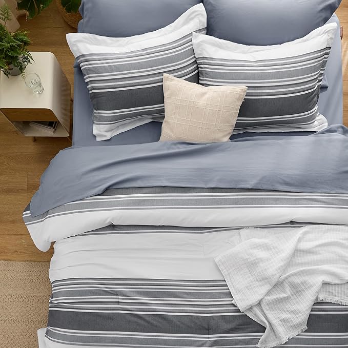 Bedsure Queen Comforter Set 7 Pieces, Dark Grey Striped Bedding Set for All Seasons, Reversible, Cationic Dyeing Bed in a Bag with Comforter, Sheets, Pillowcases & Shams
