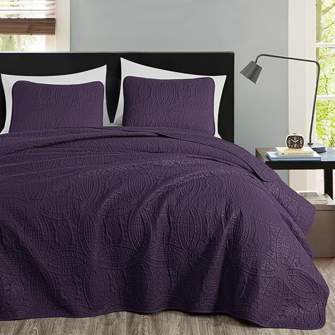Chezmoi Collection Austin 3-piece Oversized Bedspread Coverlet Set (Queen, Purple) | Oversized, Lightweight, Fade Resistant
