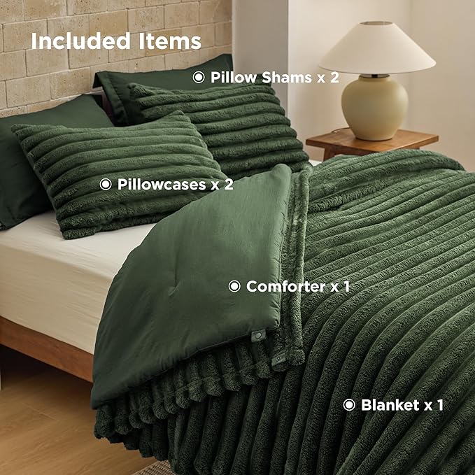 Bedsure Gentlesoft™ 2-in-1 Queen Comforter Set and Detachable Fluffy Blanket, Olive Green Bedding Set for All Season Use, SnapTech™ Design for Space Saving (Includes 2 Pillow Shams, 2 Pillowcases)