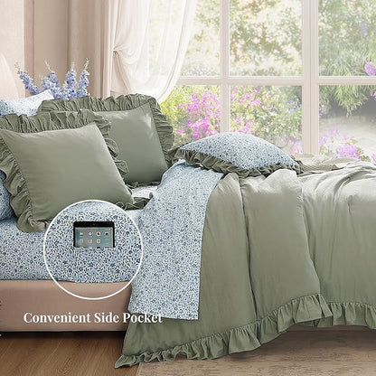 Twin XL Comforter Set - 5 Pieces Ruffle Sage Green Bedding Sets, Shabby Chic Farmhouse Bed in a Bag Twin XL with Ruffle Comforter, Floral Sheets, Pillowcases & Shams