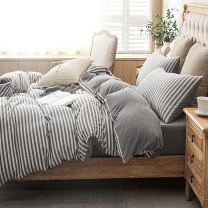 PURE ERA Jersey Knit Duvet Cover Set 100% T-Shirt Heather Cotton Super Soft Comfy Classic Striped Design, with Zipper Closure, Grey Stripe, Queen