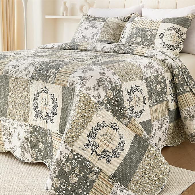 Cmfshape Floral Quilt Queen,3-Pcs Bird Pattern Queen Set,Lightweight Bedspread for Size Bed,Grey Plaid Farmhouse Reversible Bed All Season,Country Quilted Blanket(Grey&White Queen90”x90”)