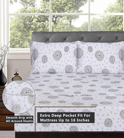 RUVANTI 100% Cotton Sheets – King Size Percale Bedding, Cooling & Breathable Floral Design, Durable with a Crisp, Soft & Comfortable Feel, 16" Deep Pocket, 4-Piece Set, Dandelion