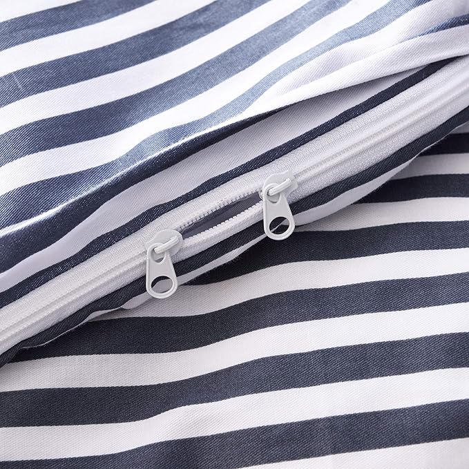 JELLYMONI 100% Natural Cotton 3pcs Striped Duvet Cover Sets,White Duvet Cover with Navy Blue Stripes Pattern Printed Comforter Cover,with Zipper Closure & Corner Ties(Cal King Size)