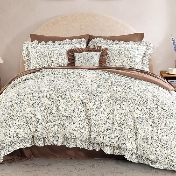 King Comforter Set - 7 Pieces Ruffle Beige Ditzy Bedding Sets, Shabby Chic Farmhouse Bed in a Bag King with Floral Comforter, Sheets, Pillowcases & Shams