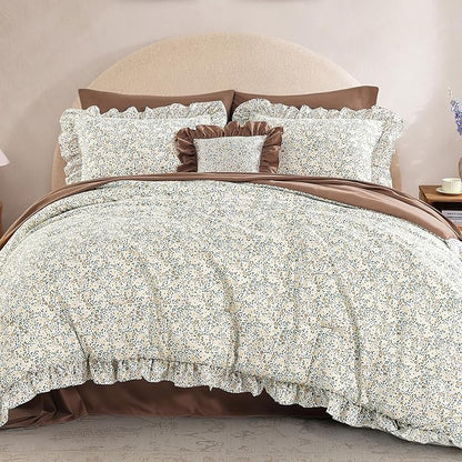 Twin XL Comforter Set - 5 Pieces Ruffle Beige Ditzy Bedding Sets, Shabby Chic Farmhouse Bed in a Bag Twin XL with Floral Comforter, Sheets, Pillowcase & Sham