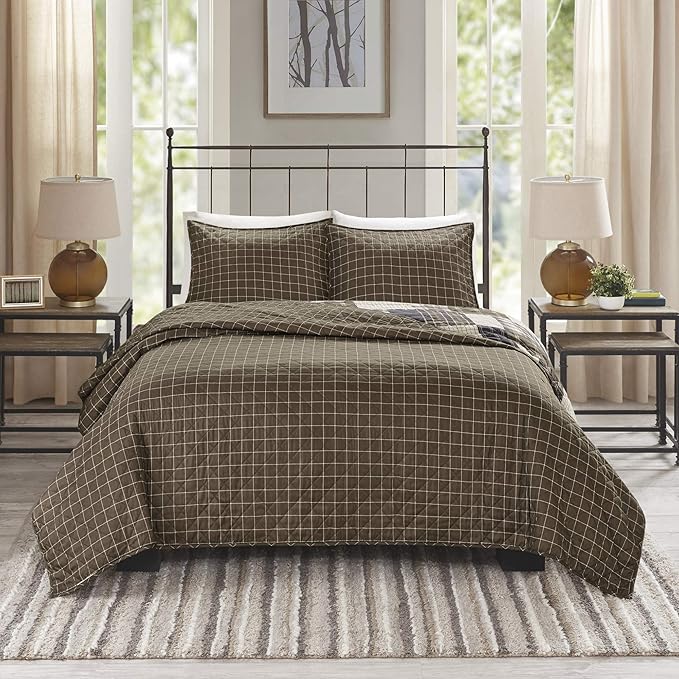 Madison Park Reversible Quilt Cabin Lifestyle Plaid Design - All Season, Breathable Coverlet Bedspread Bedding Set, Matching Shams, Timber Black/Brown King/Cal King(104"x94") 3 Piece