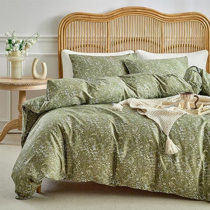 mixinni 3 Pieces Duvet Covers King Size, 100% Cotton Comforter Cover Wildflower Printed on Army Green Floral Bedding Set with Zipper Closure 4 Ties (1 Duvet Cover 104"x90", 2 Pillow Cases 20"x36")