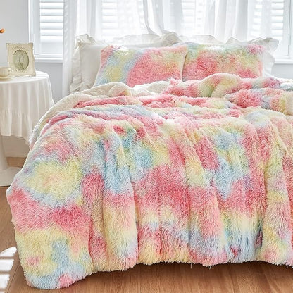 Luxury Faux Fur Shaggy Comforter Set Full/Queen Size, Plush & Sherpa Reversible Comforter Tie Dye Rainbow, 3-Piece Fluffy Fuzzy Bedding Set Ultra Soft and Warm for Winter (1 Comforter + 2 Pillowcases)