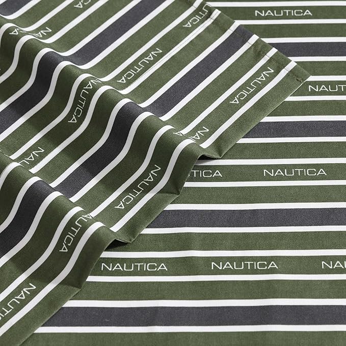 Nautica - Full Sheet Set, Breathable & Cooling Microfiber Bedding with Matching Sham(s), Casual Home Decor (Varadero Typeface Green, Full)