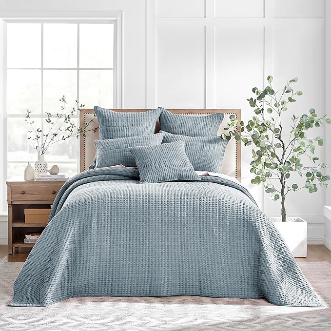 Levtex Home Mills Waffle Full Bedspread Set (100x104in) with 2 Pillow Shams (26x20in) - Chambray - Cotton Waffle Full Size Bedspread Set - Lightweight, Soft, Pre-Washed
