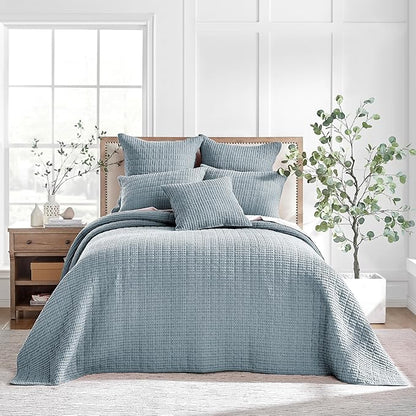 Levtex Home Mills Waffle Full Bedspread Set (100x104in) with 2 Pillow Shams (26x20in) - Chambray - Cotton Waffle Full Size Bedspread Set - Lightweight, Soft, Pre-Washed
