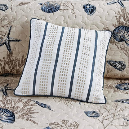 Madison Park Quilt Set Cottage Coastal Design, Starfish Print - All Season, Coverlet Bedspread Lightweight Bedding Layer, Shams, Toss Pillows, Full/Queen(90"x90"), Bayside Blue/Ivory 6 Piece