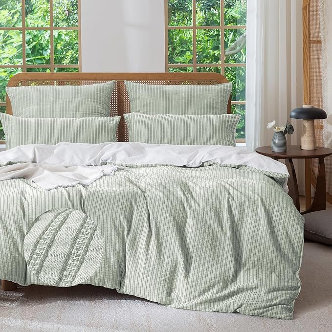 MILDLY Jacquard Stripe Duvet Cover - Sage Green 100% Washed Cotton Boho Textured Comforter Cover Set with Zipper Closure 80"x90"