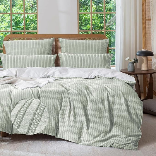 MILDLY Jacquard Stripe Duvet Cover - Sage Green 100% Washed Cotton Boho Textured Comforter Cover Set with Zipper Closure 68"x90"