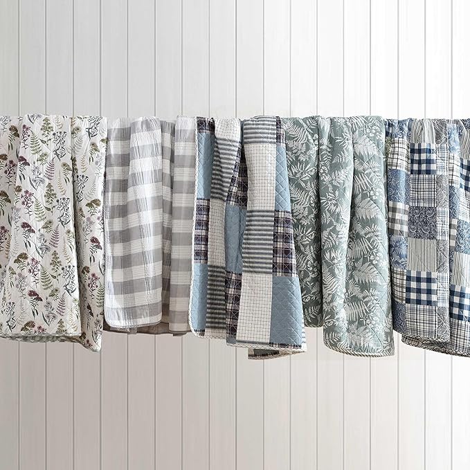 Eddie Bauer - Twin Quilt Set, Reversible Cotton Bedding with Matching Sham, Patchwork Luxurious Bedding Set with Plaid Reverse (Cozy Plaid Patchwork Blue/Green, Twin)