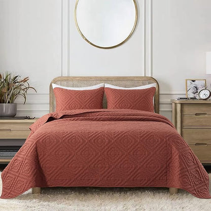 R.SHARE Burnt Orange King Size Quilt Bedding Sets with Pillow Shams, Boho Lightweight Soft Bedspread Coverlet, Quilted Blanket Thin Comforter Bed Cover for All Season, 3 Pieces, 104x90 inches
