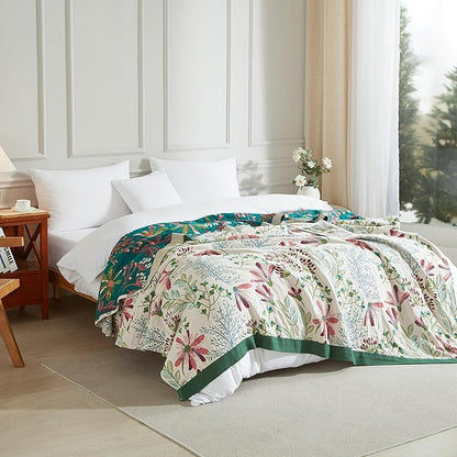 Boho Throw Blanket for Bed 60”x80”, 100% Cotton Woven Blanket for Couch Sofa, Ultra Soft 4-Layer Muslin Quilt with Floral Printed, Farmhouse Bed Blanket/Cover for Living Room Decor