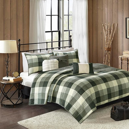 Madison Park Reversible Quilt Cabin Lifestyle Plaid Design - All Season, Breathable Coverlet Bedspread Bedding Set, Matching Shams, Ridge Grey King/Cal King(104"x92") 6 Piece