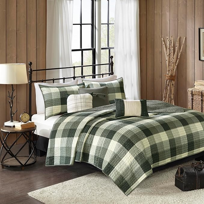 Madison Park Reversible Quilt Cabin Lifestyle Plaid Design - All Season, Breathable Coverlet Bedspread Bedding Set, Matching Shams, Ridge Grey Full/Queen(90"x90") 6 Piece