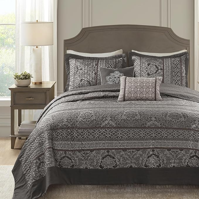 Madison Park Traditional Damask Design All Season, Lightweight Coverlet Bedspread Bedding Set, Matching Shams, Pillows, (102"x118"), Bellagio, Jacquard Grey, 5 Piece