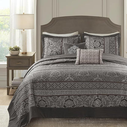 Madison Park Traditional Damask Design All Season, Lightweight Coverlet Bedspread Bedding Set, Matching Shams, Pillows, (102"x118"), Bellagio, Jacquard Grey, 5 Piece