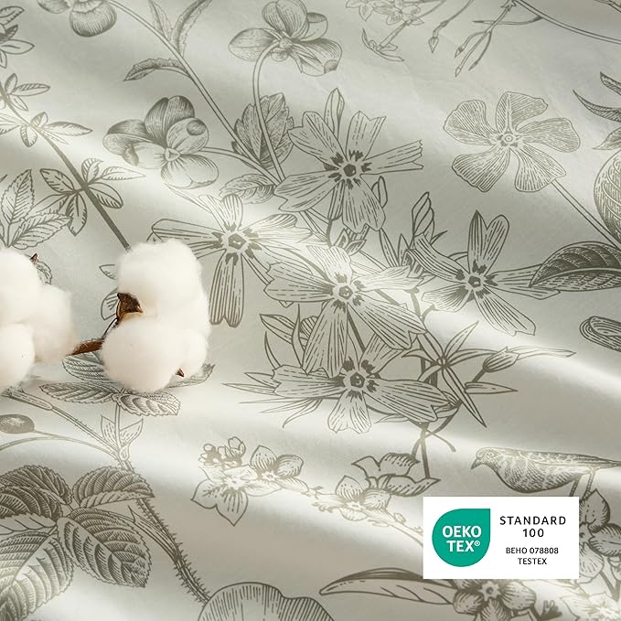 Bedsure Duvet Cover Queen Size - 100% Cotton Reversible Floral Queen Duvet Cover Set with Zipper Closure, 3 Pieces Soft & Breathable PureWoven Botanical Green Bedding Set with 2 Pillow Shams 20"x26"