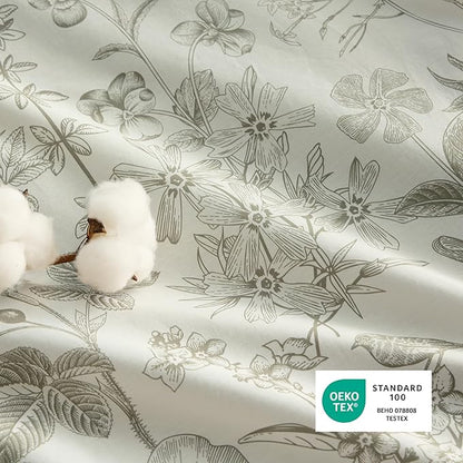 Bedsure Duvet Cover Queen Size - 100% Cotton Reversible Floral Queen Duvet Cover Set with Zipper Closure, 3 Pieces Soft & Breathable PureWoven Botanical Green Bedding Set with 2 Pillow Shams 20"x26"
