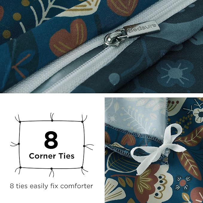 Bedsure Duvet Cover Queen Size - Reversible Floral Duvet Cover Set with Zipper Closure, 3 Pieces Navy Blue Bedding Set with 8 Corner Ties and 2 Pillow Shams 20"x26"
